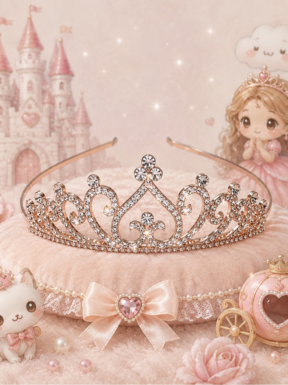 Rose Gold Rhinestone Tiara Princess Crown